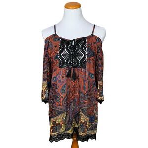 Sky and Sand Blouse Boho Brown Paisley Off Shoulder Crochet Women's S
